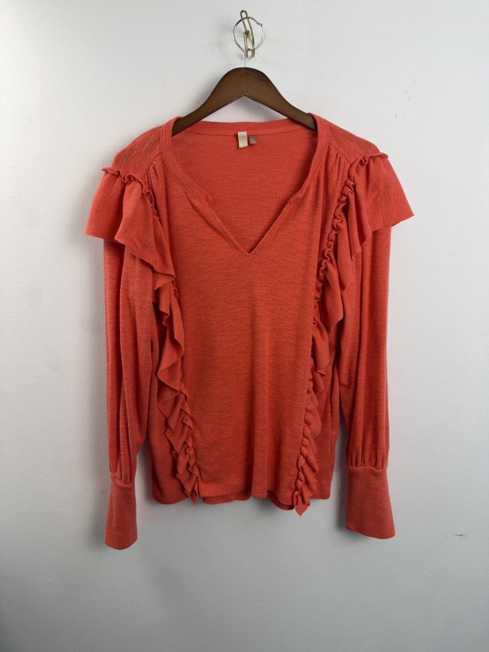 Anthropologie Pilcro Sweater Orange Ruffle Long Sleeve Lightweight Pullover XL